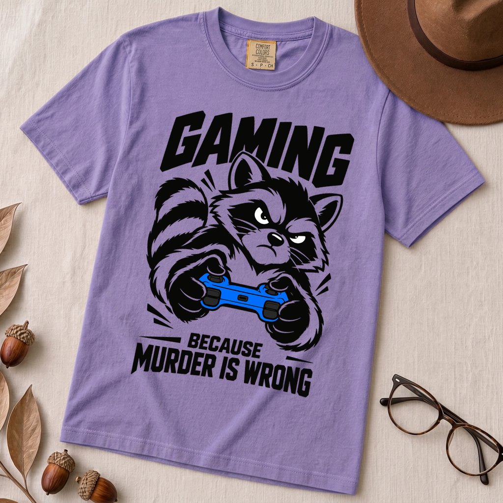Gaming Because Murder Is Wrong Raccoon T-Shirt - Violet unfolded t-shirt mockup