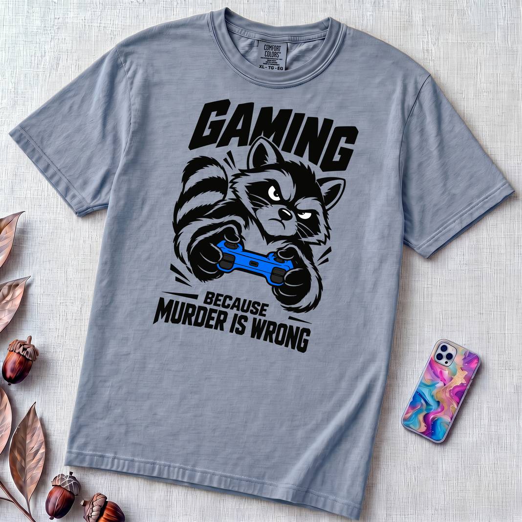 Gaming Because Murder Is Wrong Raccoon T-Shirt - Washed Denim unfolded t-shirt mockup
