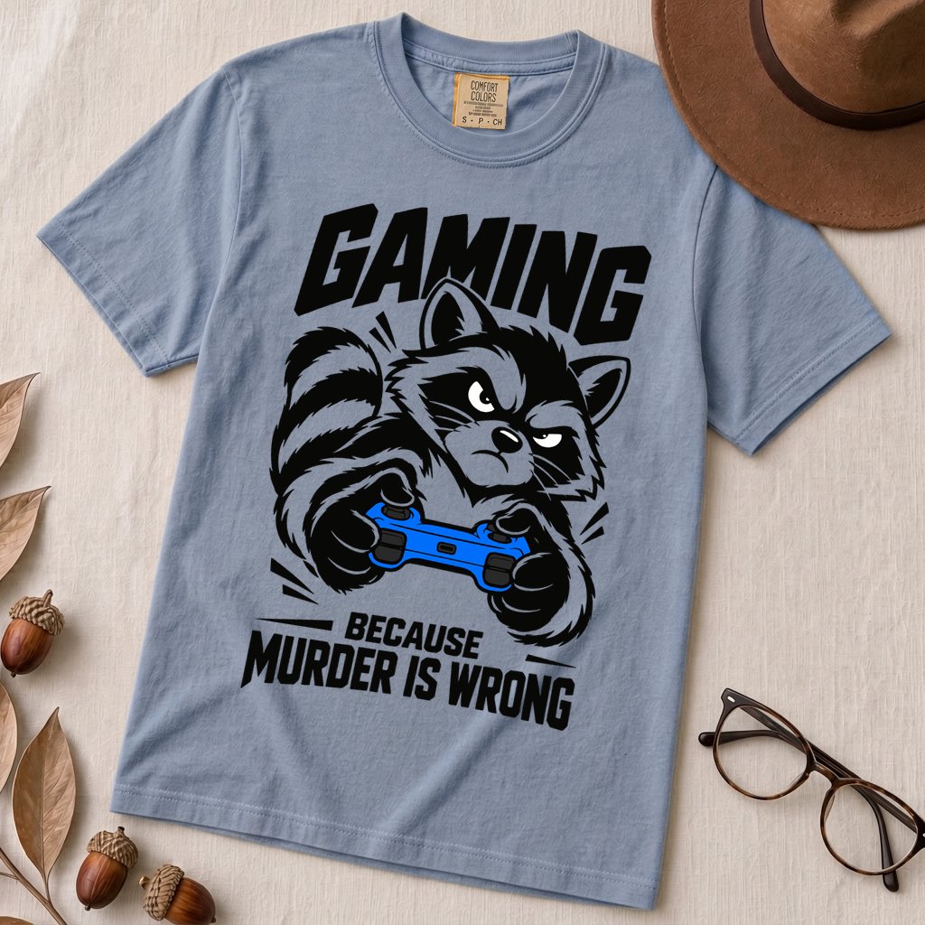 Gaming Because Murder Is Wrong Raccoon T-Shirt - Washed Denim unfolded t-shirt mockup