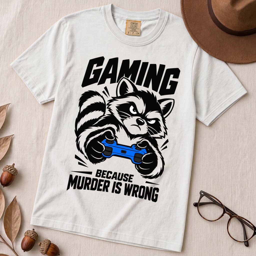 Gaming Because Murder Is Wrong Raccoon T-Shirt - White unfolded t-shirt mockup