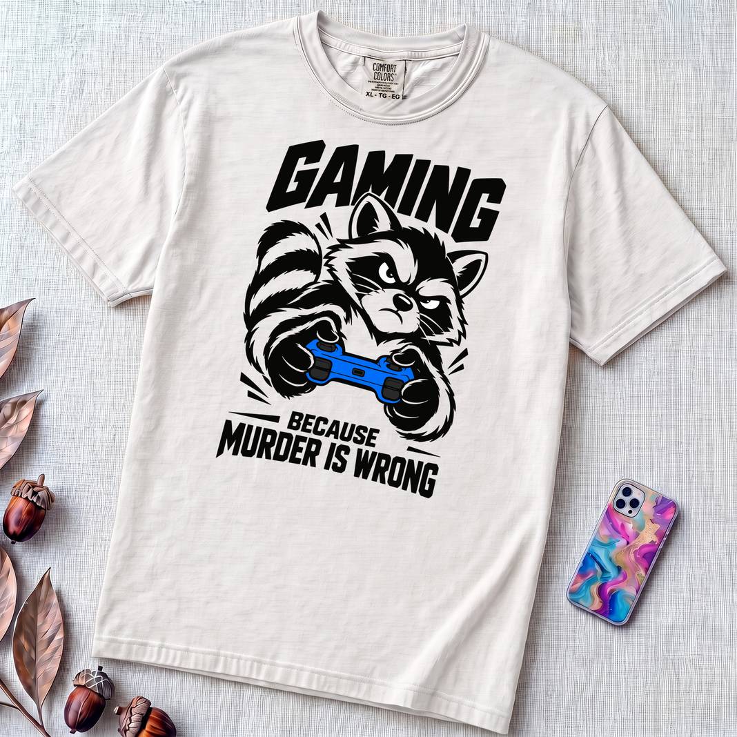 Gaming Because Murder Is Wrong Raccoon T-Shirt - White unfolded t-shirt mockup