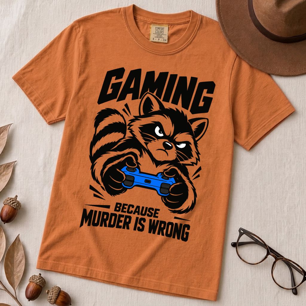 Gaming Because Murder Is Wrong Raccoon T-Shirt - Yam unfolded t-shirt mockup