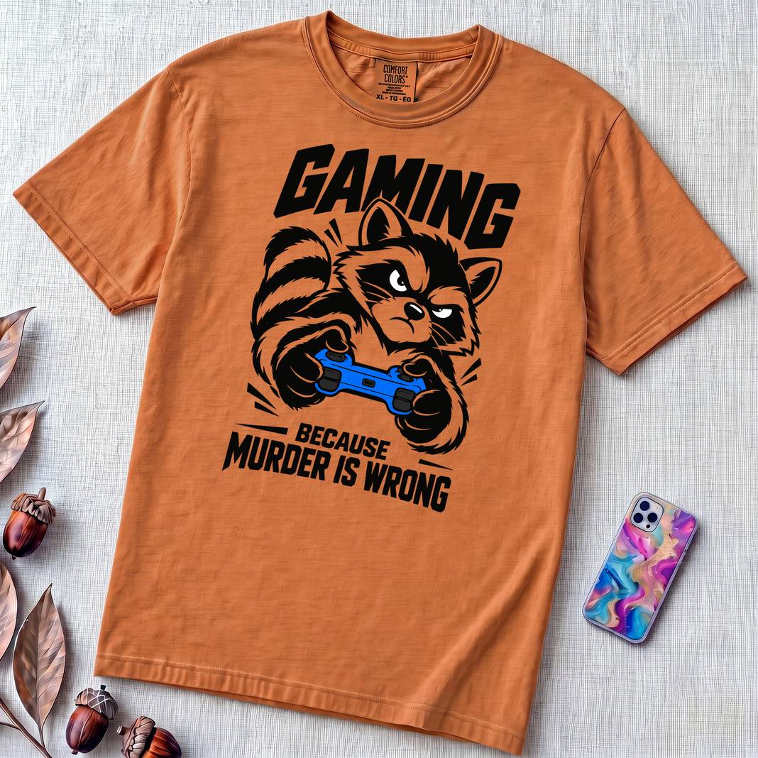 Gaming Because Murder Is Wrong Raccoon T-Shirt - Yam unfolded t-shirt mockup