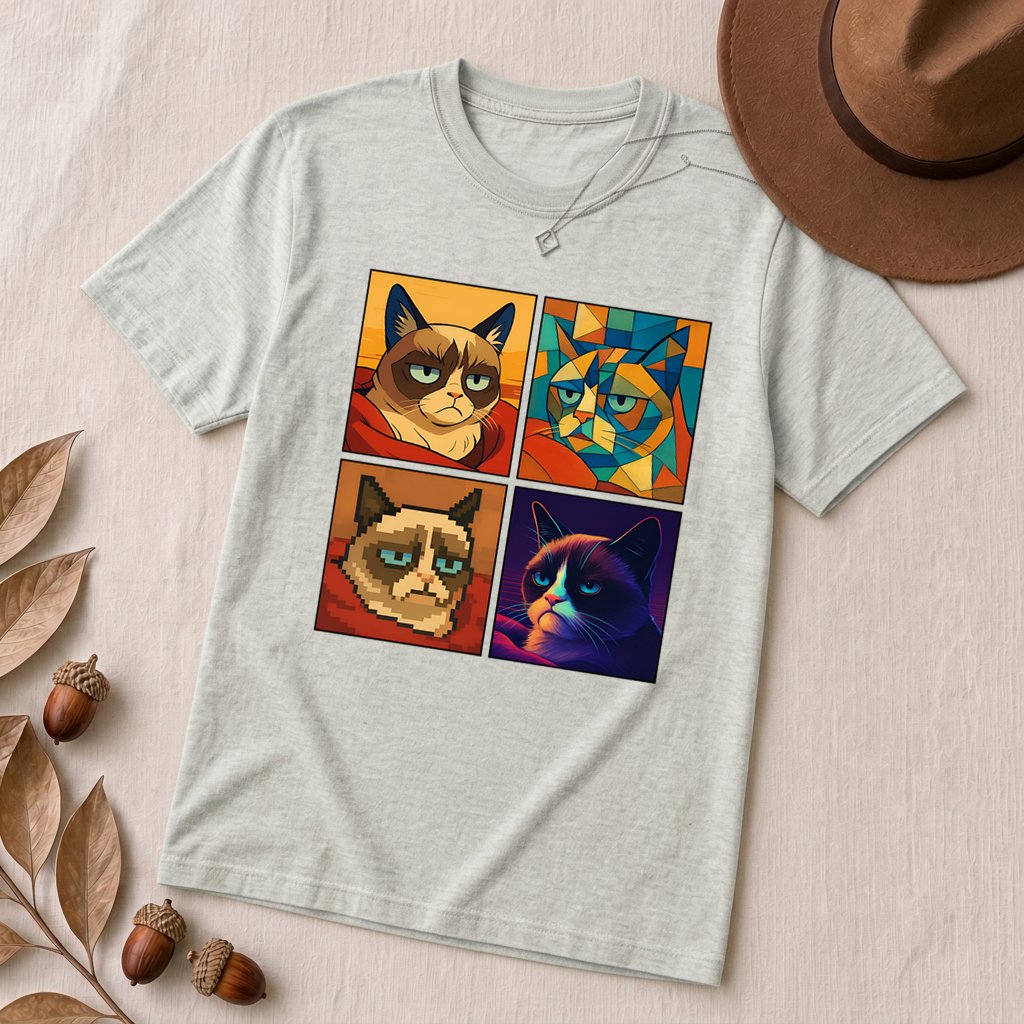 Grumpy Cat Meme T-Shirt - Iconic Angry Cat Graphic Tee - Pixel, Cubism & Neon Styles - Funny Unisex Gift for Cat Lovers - Ash unfolded t-shirt mockup