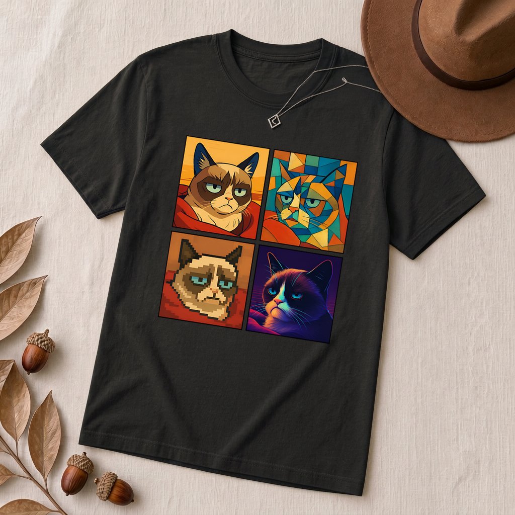Grumpy Cat Meme T-Shirt - Iconic Angry Cat Graphic Tee - Pixel, Cubism & Neon Styles - Funny Unisex Gift for Cat Lovers - Black unfolded t-shirt mockup