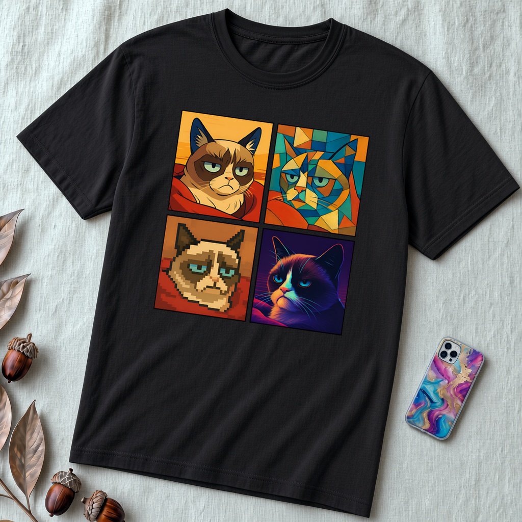 Grumpy Cat Meme T-Shirt - Iconic Angry Cat Graphic Tee - Pixel, Cubism & Neon Styles - Funny Unisex Gift for Cat Lovers - Black unfolded t-shirt mockup