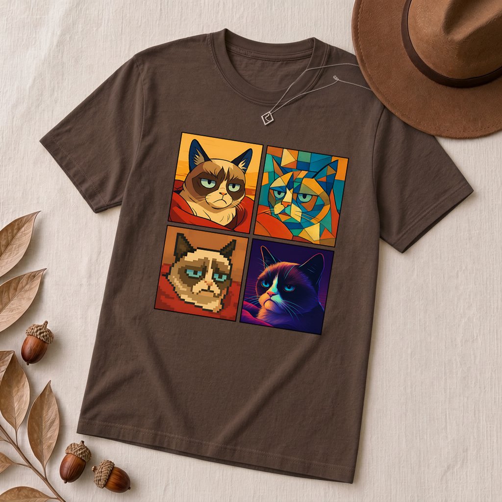 Grumpy Cat Meme T-Shirt - Iconic Angry Cat Graphic Tee - Pixel, Cubism & Neon Styles - Funny Unisex Gift for Cat Lovers - Brown unfolded t-shirt mockup