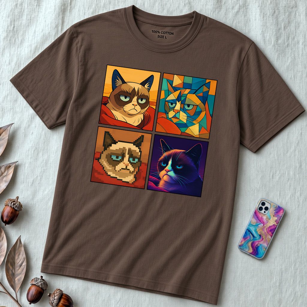 Grumpy Cat Meme T-Shirt - Iconic Angry Cat Graphic Tee - Pixel, Cubism & Neon Styles - Funny Unisex Gift for Cat Lovers - Brown unfolded t-shirt mockup