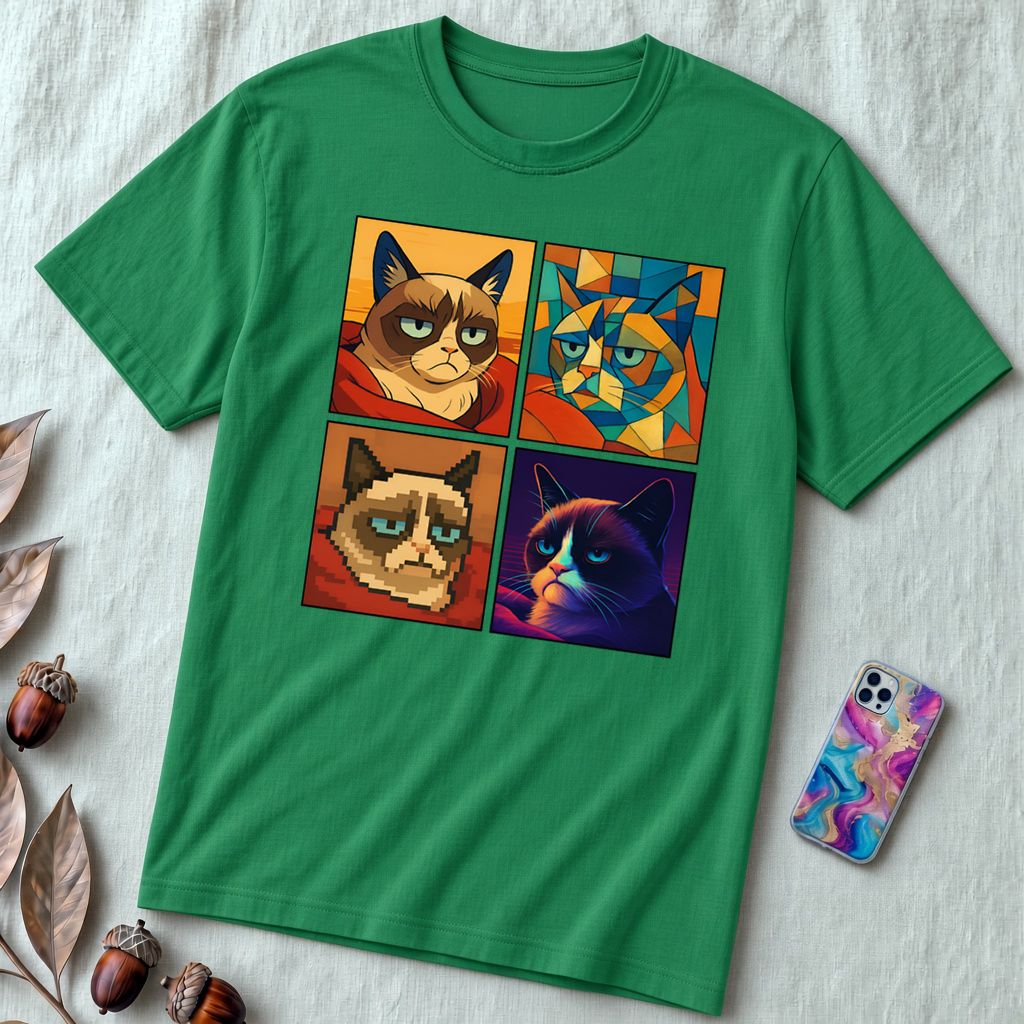 Grumpy Cat Meme T-Shirt - Iconic Angry Cat Graphic Tee - Pixel, Cubism & Neon Styles - Funny Unisex Gift for Cat Lovers - Kelly unfolded t-shirt mockup