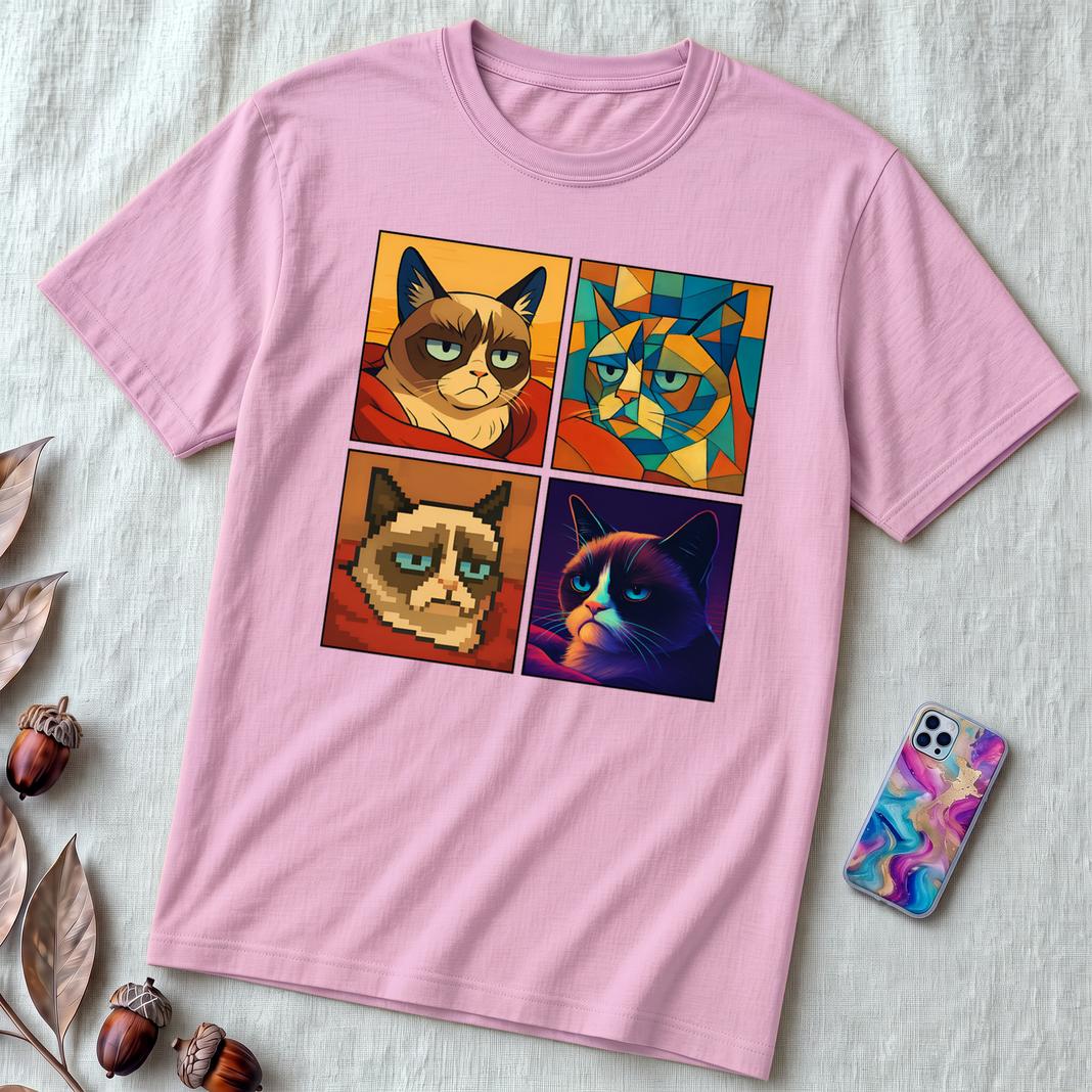 Grumpy Cat Meme T-Shirt - Iconic Angry Cat Graphic Tee - Pixel, Cubism & Neon Styles - Funny Unisex Gift for Cat Lovers - Lilac unfolded t-shirt mockup