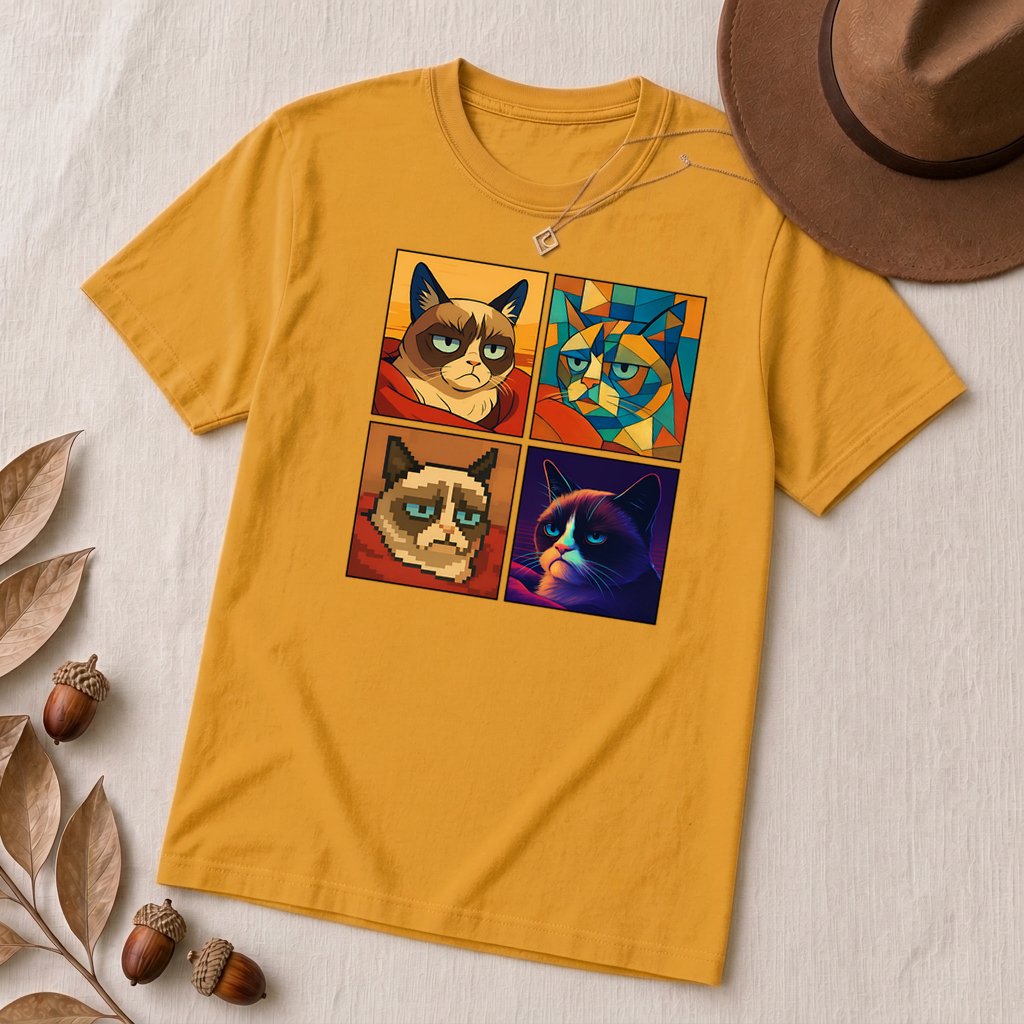 Grumpy Cat Meme T-Shirt - Iconic Angry Cat Graphic Tee - Pixel, Cubism & Neon Styles - Funny Unisex Gift for Cat Lovers - Mustard unfolded t-shirt mockup