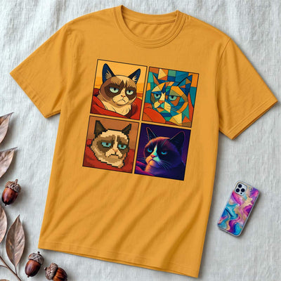 Grumpy Cat Meme T-Shirt - Iconic Angry Cat Graphic Tee - Pixel, Cubism & Neon Styles - Funny Unisex Gift for Cat Lovers - Mustard unfolded t-shirt mockup