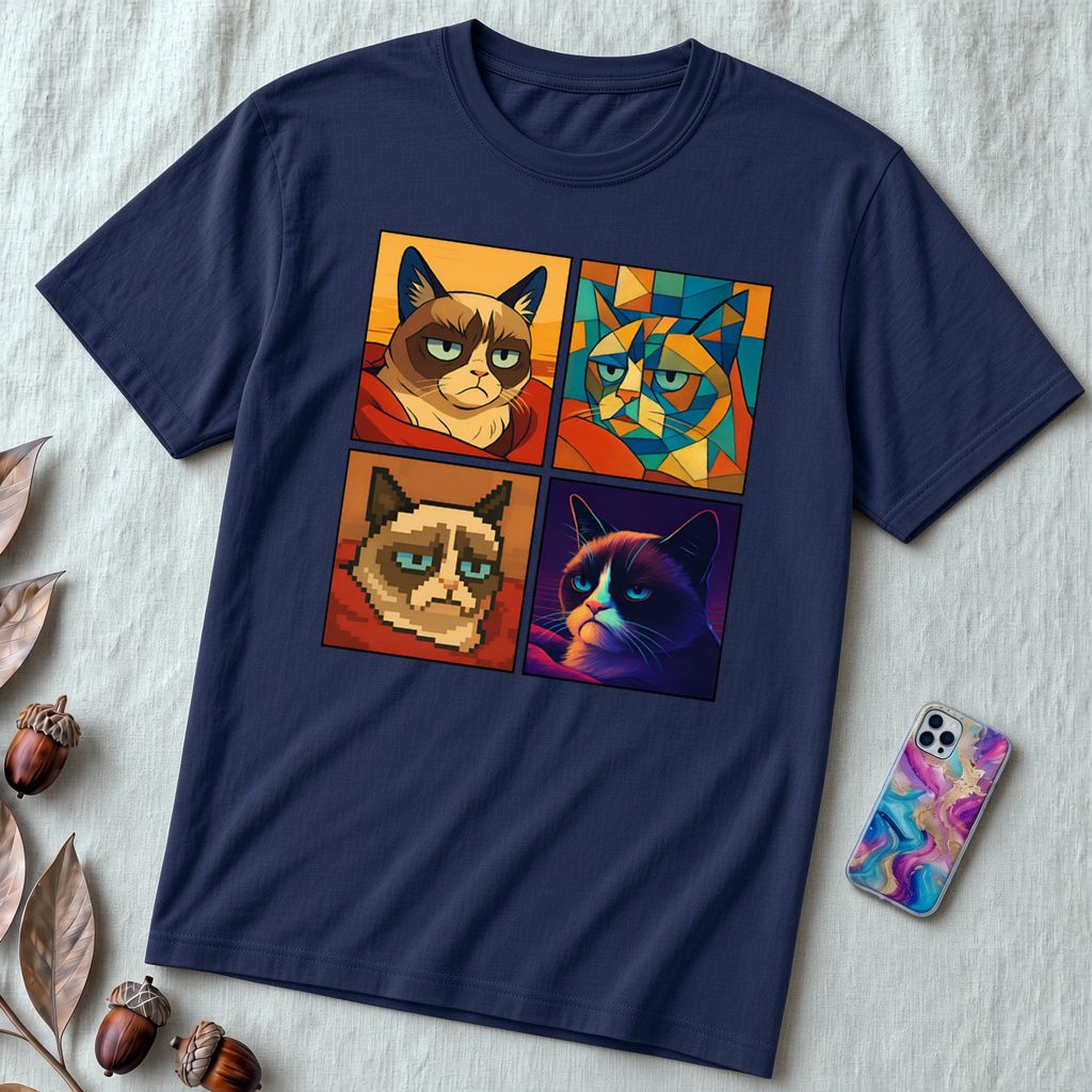 Grumpy Cat Meme T-Shirt - Iconic Angry Cat Graphic Tee - Pixel, Cubism & Neon Styles - Funny Unisex Gift for Cat Lovers - Navy unfolded t-shirt mockup