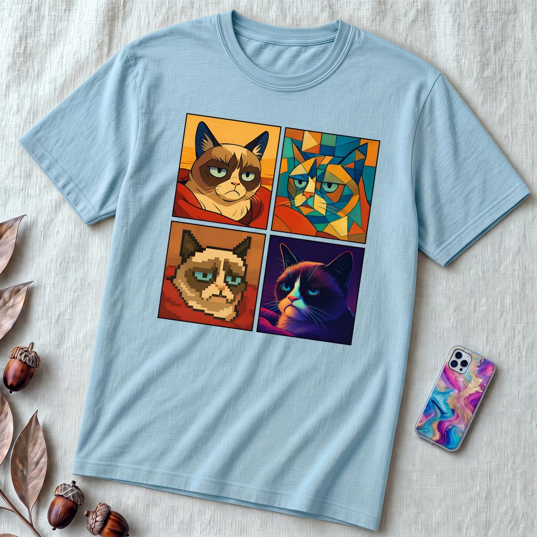 Grumpy Cat Meme T-Shirt - Iconic Angry Cat Graphic Tee - Pixel, Cubism & Neon Styles - Funny Unisex Gift for Cat Lovers - Ocean Blue unfolded t-shirt mockup