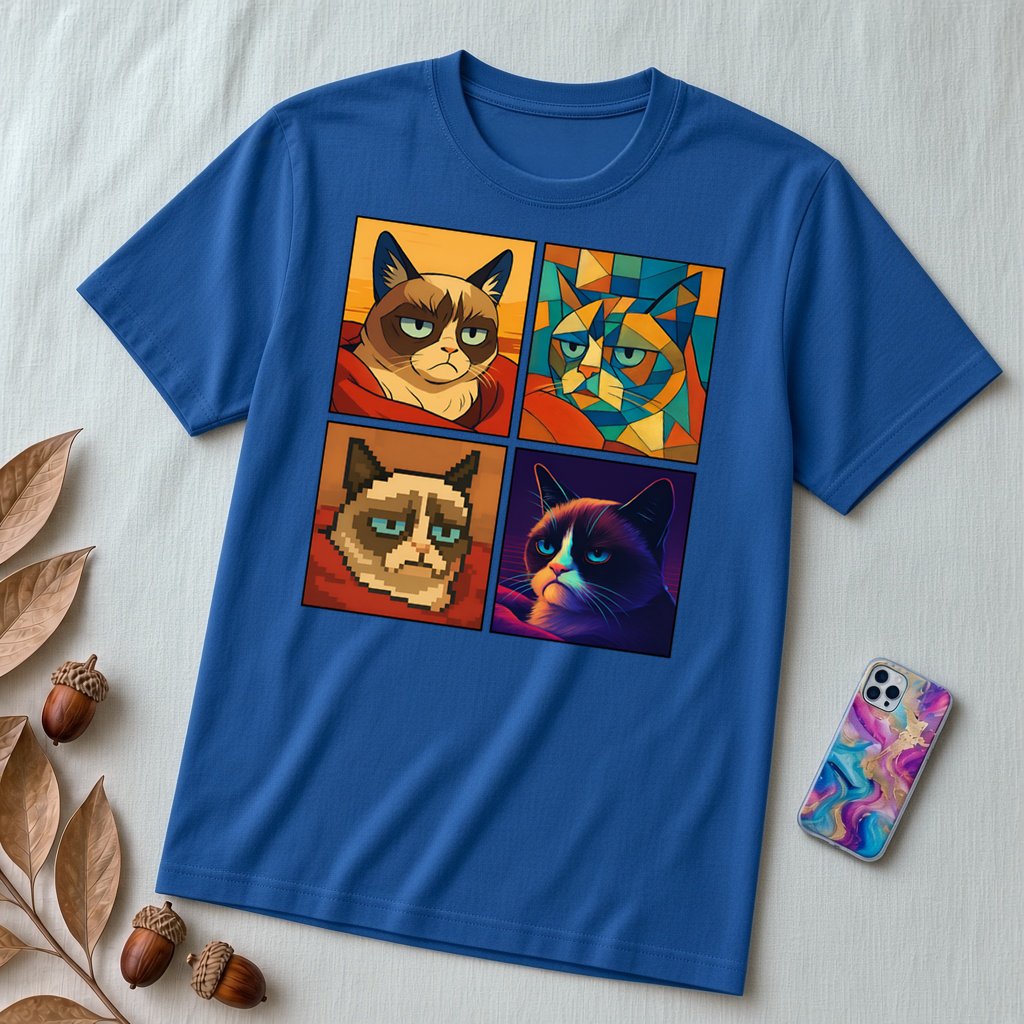 Grumpy Cat Meme T-Shirt - Iconic Angry Cat Graphic Tee - Pixel, Cubism & Neon Styles - Funny Unisex Gift for Cat Lovers - True Royal unfolded t-shirt mockup