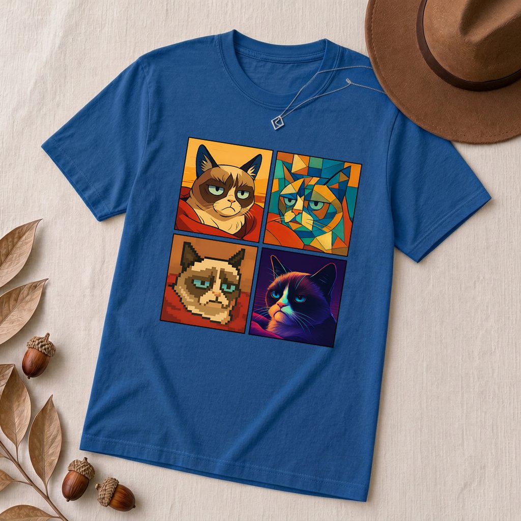 Grumpy Cat Meme T-Shirt - Iconic Angry Cat Graphic Tee - Pixel, Cubism & Neon Styles - Funny Unisex Gift for Cat Lovers - True Royal unfolded t-shirt mockup