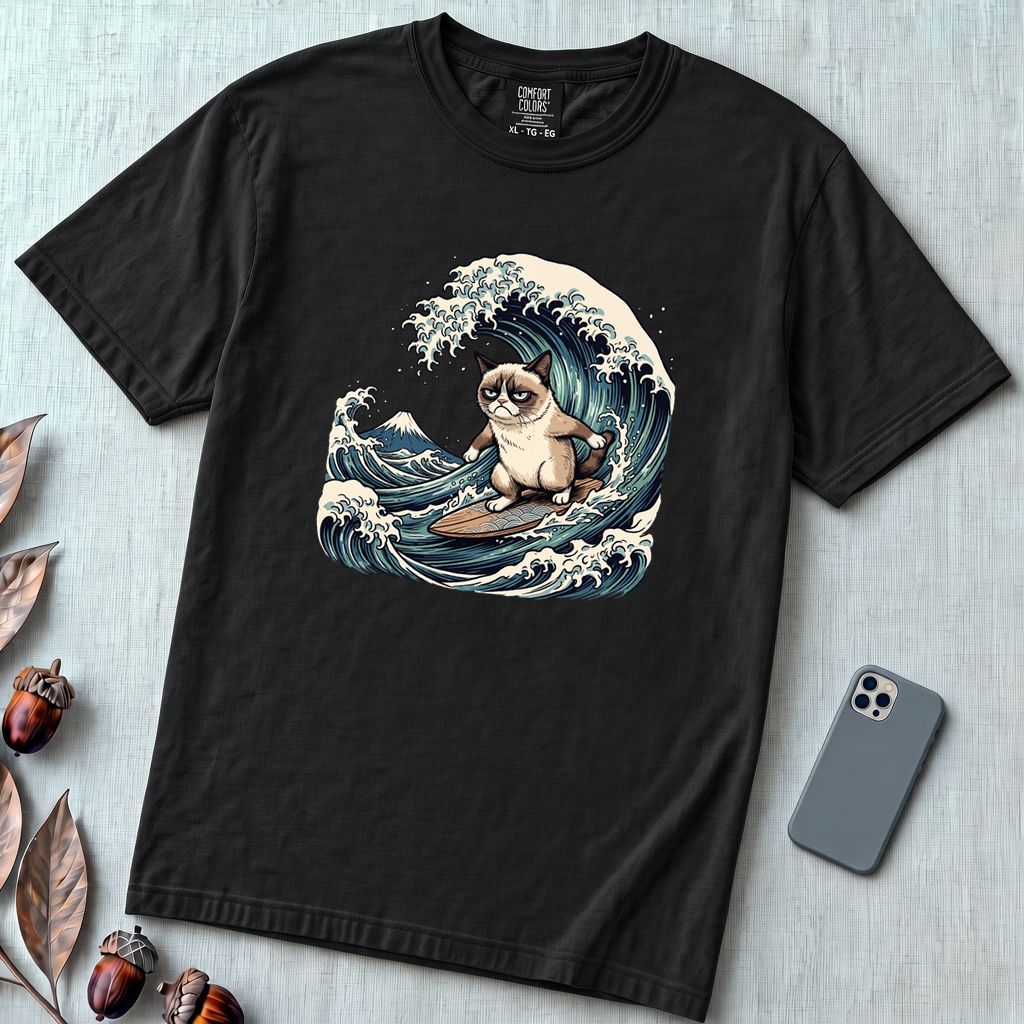 Grumpy Cat Surfing Hokusai’s Great Wave Funny Meme T-Shirt - Black unfolded t-shirt mockup
