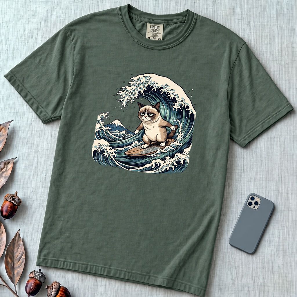 Grumpy Cat Surfing Hokusai’s Great Wave Funny Meme T-Shirt - Blue Spruce unfolded t-shirt mockup