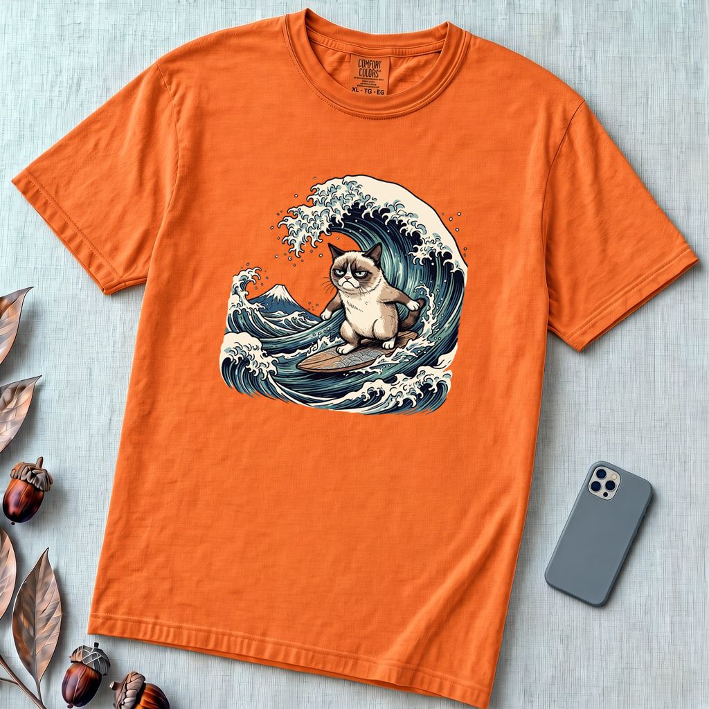 Grumpy Cat Surfing Hokusai’s Great Wave Funny Meme T-Shirt - Burnt Orange unfolded t-shirt mockup