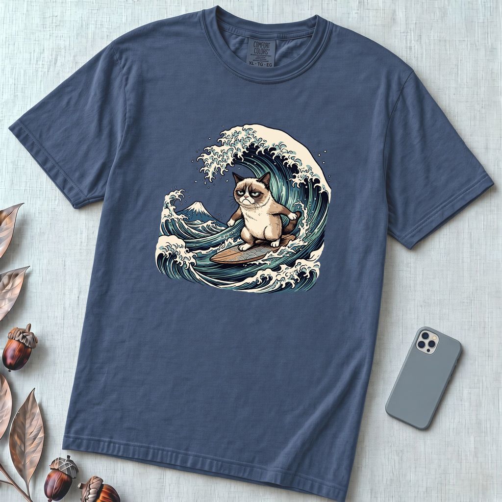 Grumpy Cat Surfing Hokusai’s Great Wave Funny Meme T-Shirt - Denim unfolded t-shirt mockup