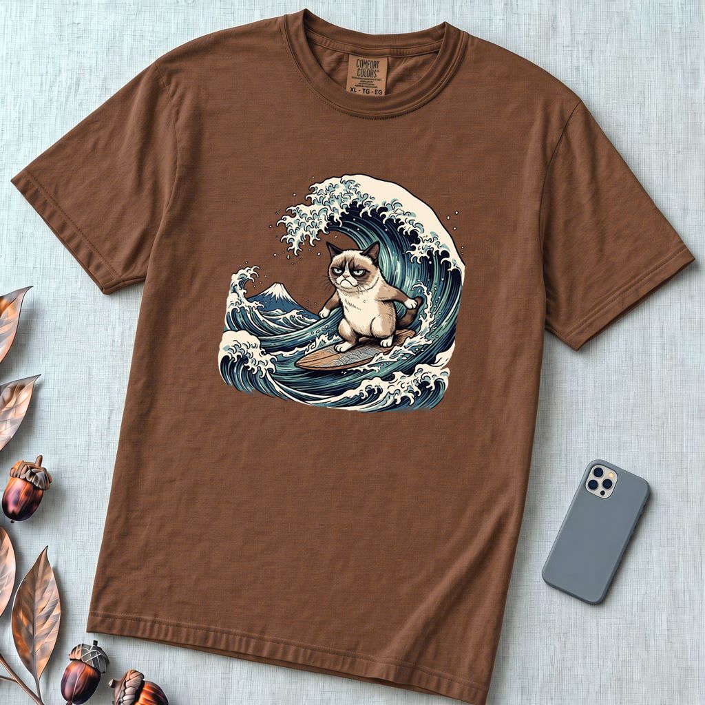 Grumpy Cat Surfing Hokusai’s Great Wave Funny Meme T-Shirt - Espresso unfolded t-shirt mockup