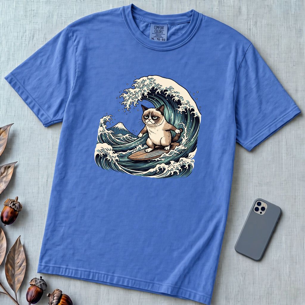 Grumpy Cat Surfing Hokusai’s Great Wave Funny Meme T-Shirt - Flo Blue unfolded t-shirt mockup