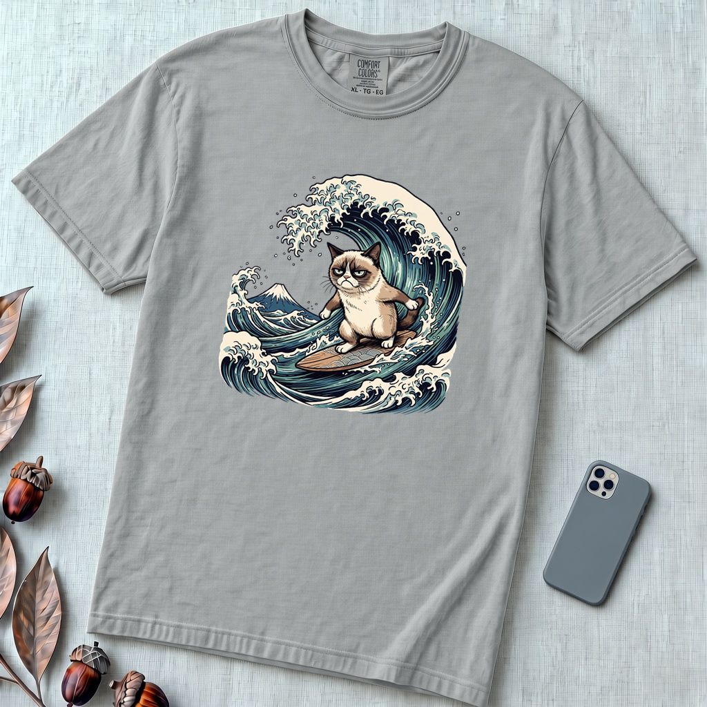Grumpy Cat Surfing Hokusai’s Great Wave Funny Meme T-Shirt - Granite unfolded t-shirt mockup