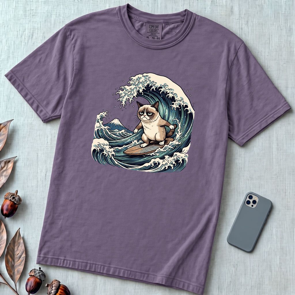 Grumpy Cat Surfing Hokusai’s Great Wave Funny Meme T-Shirt - Grape unfolded t-shirt mockup