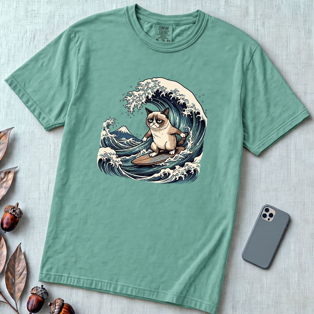 Grumpy Cat Surfing Hokusai’s Great Wave Funny Meme T-Shirt - Seafoam unfolded t-shirt mockup