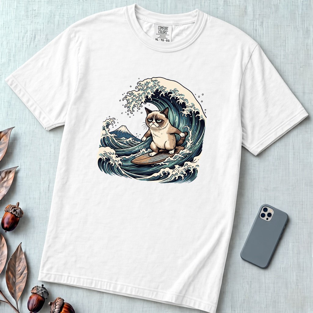 Grumpy Cat Surfing Hokusai’s Great Wave Funny Meme T-Shirt - White unfolded t-shirt mockup