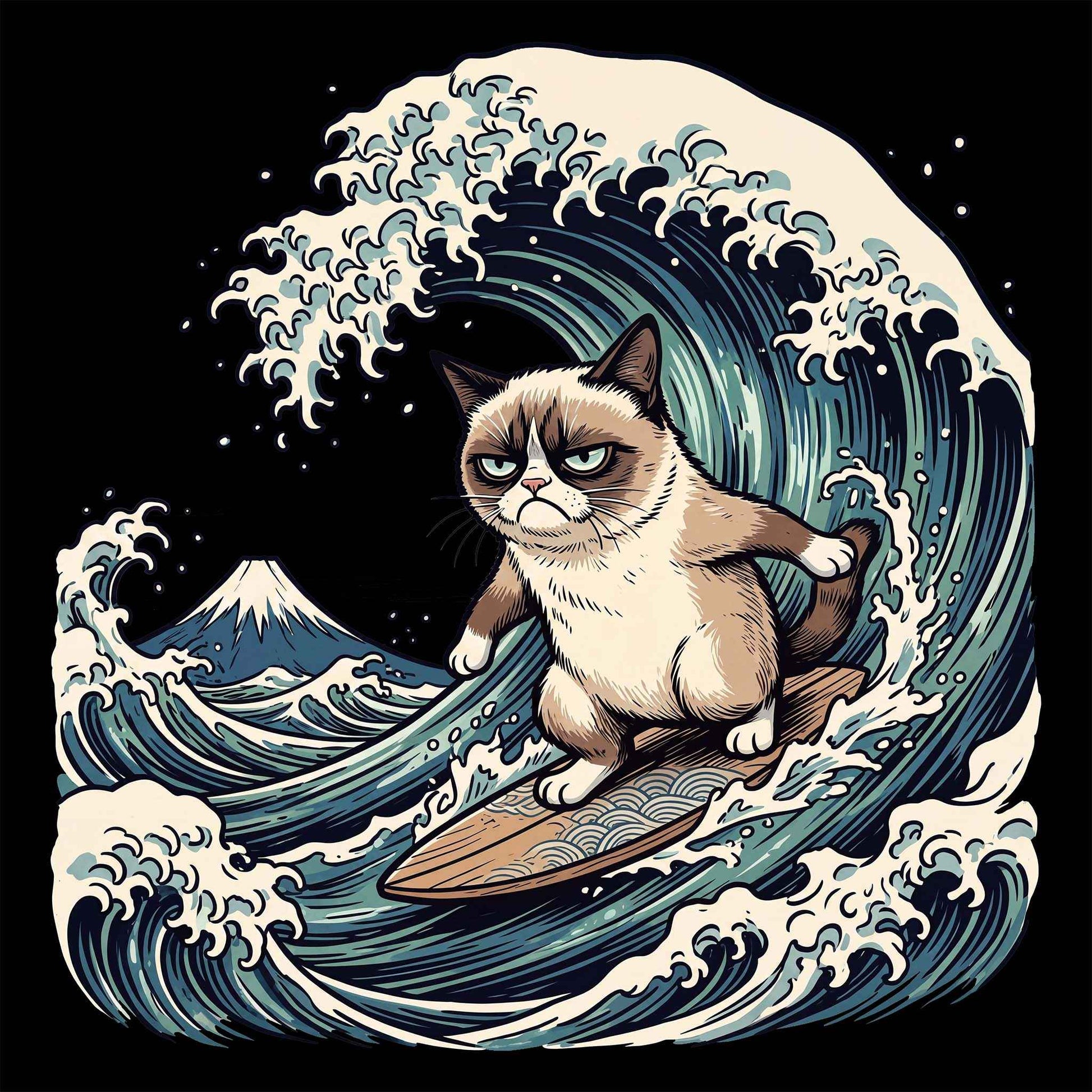 Grumpy Cat Surfing Hokusai’s Great Wave Funny Meme T-Shirt