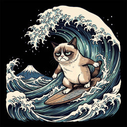 Grumpy Cat Surfing Hokusai’s Great Wave Funny Meme T-Shirt