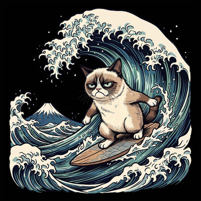 Grumpy Cat Surfing Hokusai’s Great Wave Funny Meme T-Shirt