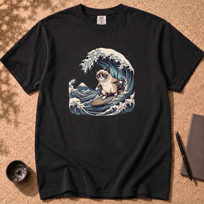 Grumpy Cat Surfing Hokusai’s Great Wave Funny Meme T-Shirt
