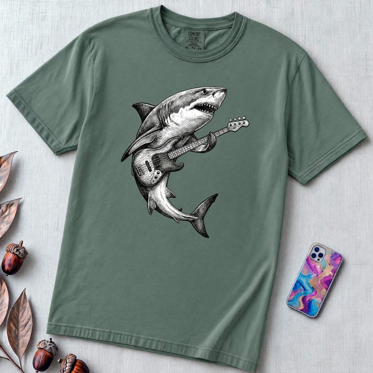 Guitar Playing Shark T-shirt, Band Shirt - Blue Spruce unfolded t-shirt mockup