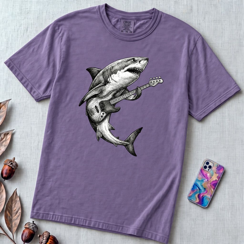Guitar Playing Shark T-shirt, Band Shirt - Grape unfolded t-shirt mockup