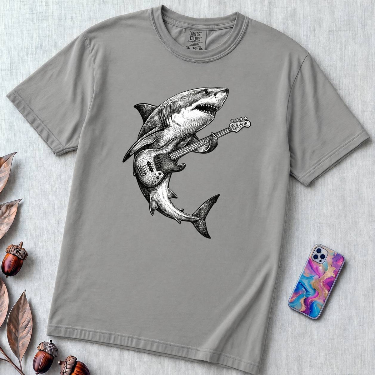 Guitar Playing Shark T-shirt, Band Shirt - Grey unfolded t-shirt mockup