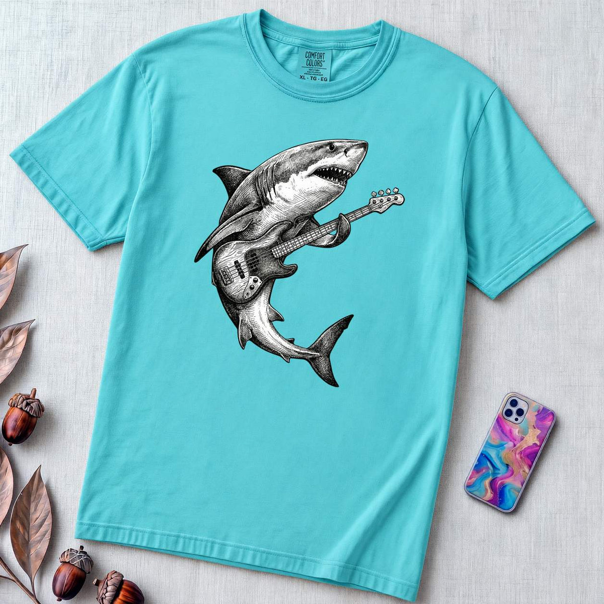 Guitar Playing Shark T-shirt, Band Shirt - Lagoon Blue unfolded t-shirt mockup