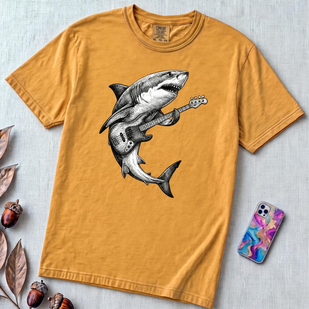 Guitar Playing Shark T-shirt, Band Shirt - Mustard unfolded t-shirt mockup