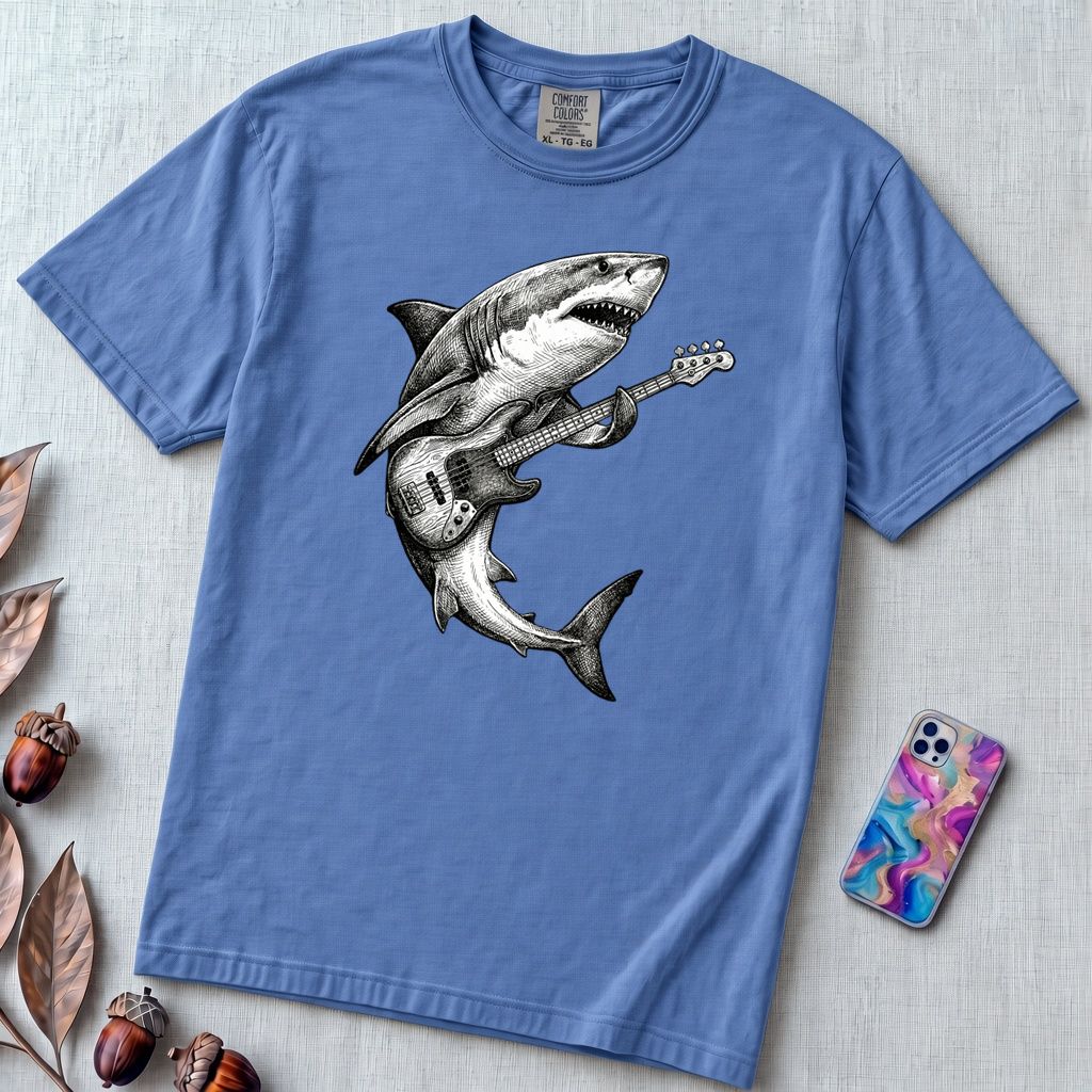 Guitar Playing Shark T-shirt, Band Shirt - Mystic Blue unfolded t-shirt mockup