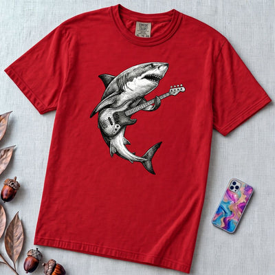 Guitar Playing Shark T-shirt, Band Shirt - Red unfolded t-shirt mockup