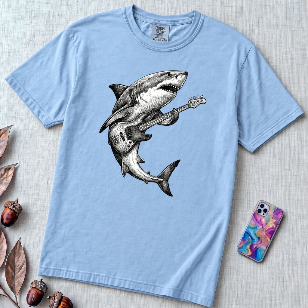 Guitar Playing Shark T-shirt, Band Shirt - Washed Denim unfolded t-shirt mockup
