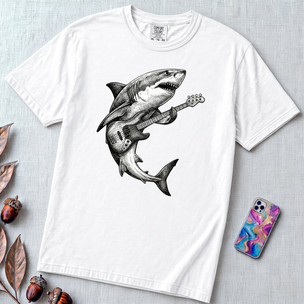 Guitar Playing Shark T-shirt, Band Shirt - White unfolded t-shirt mockup