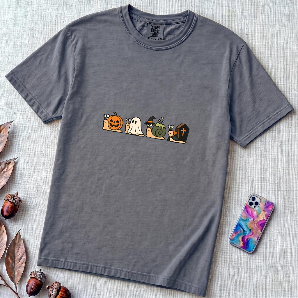 Halloween Snail Squad T-Shirt - Denim unfolded t-shirt mockup