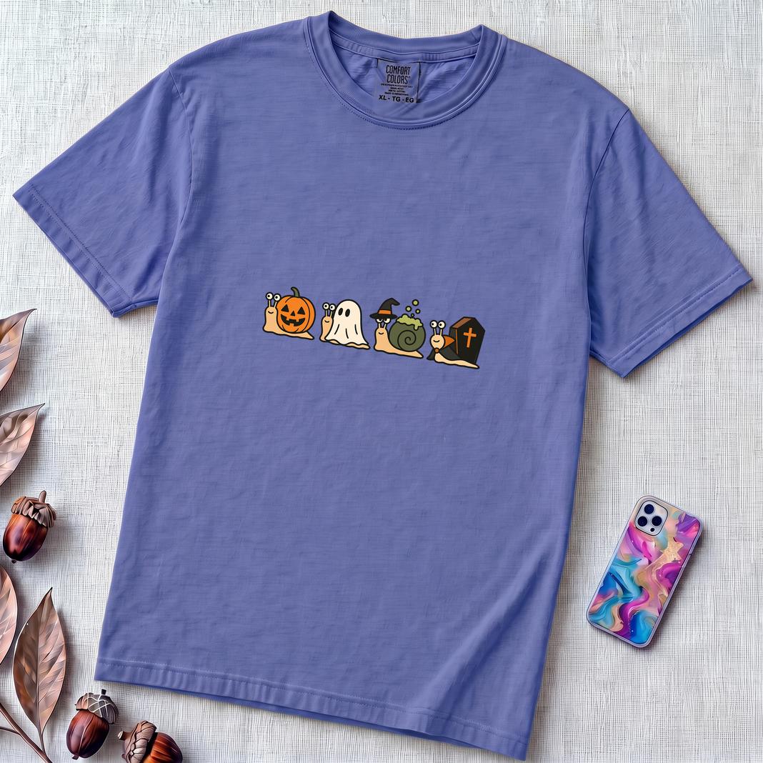 Halloween Snail Squad T-Shirt - Flo Blue unfolded t-shirt mockup