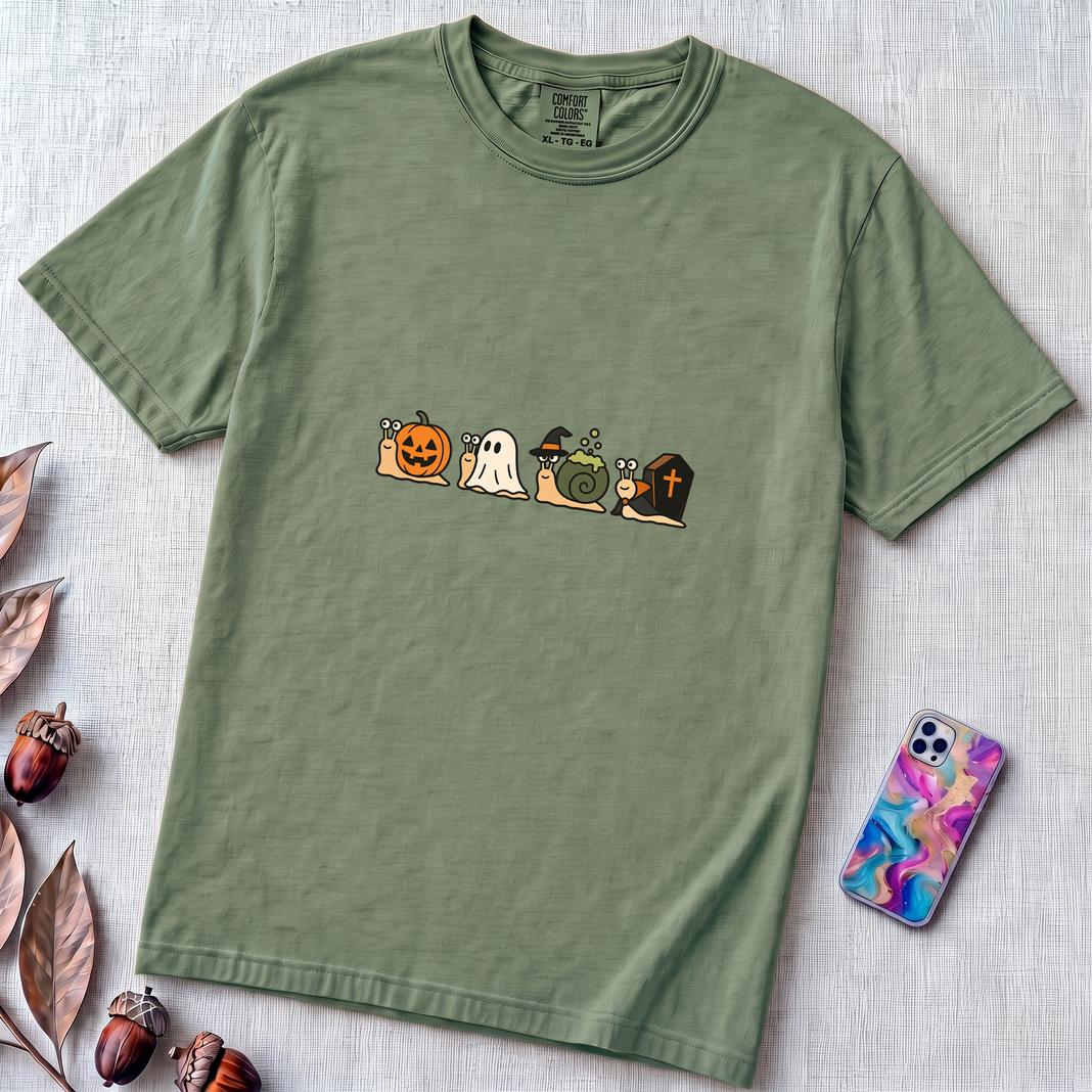 Halloween Snail Squad T-Shirt - Light Green unfolded t-shirt mockup