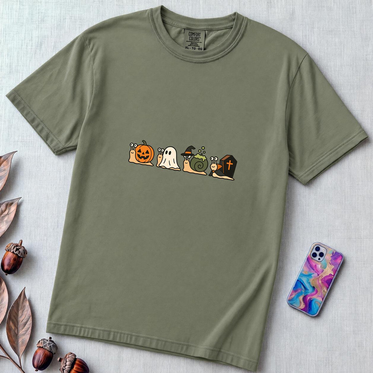 Halloween Snail Squad T-Shirt - Moss unfolded t-shirt mockup