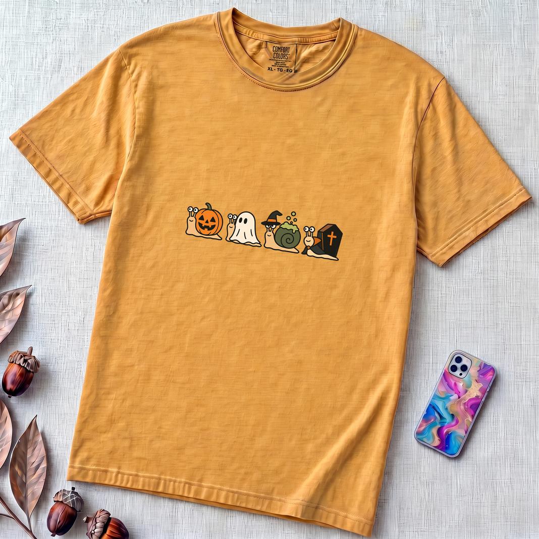 Halloween Snail Squad T-Shirt - Mustard unfolded t-shirt mockup