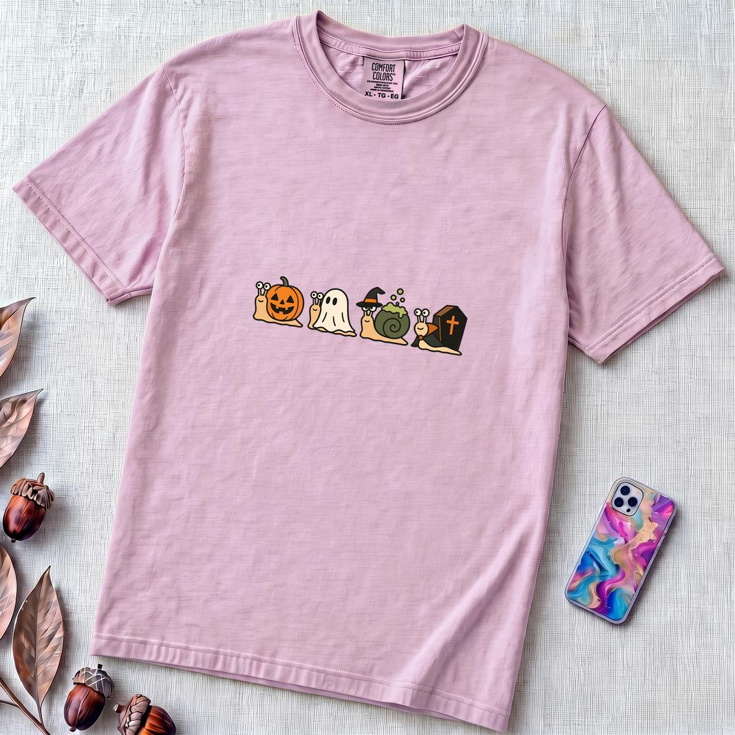 Halloween Snail Squad T-Shirt - Orchid unfolded t-shirt mockup