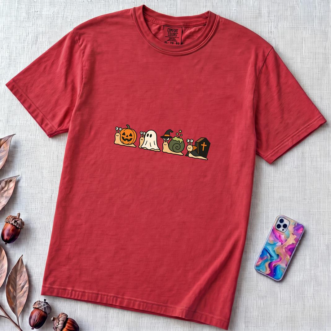 Halloween Snail Squad T-Shirt - Red unfolded t-shirt mockup
